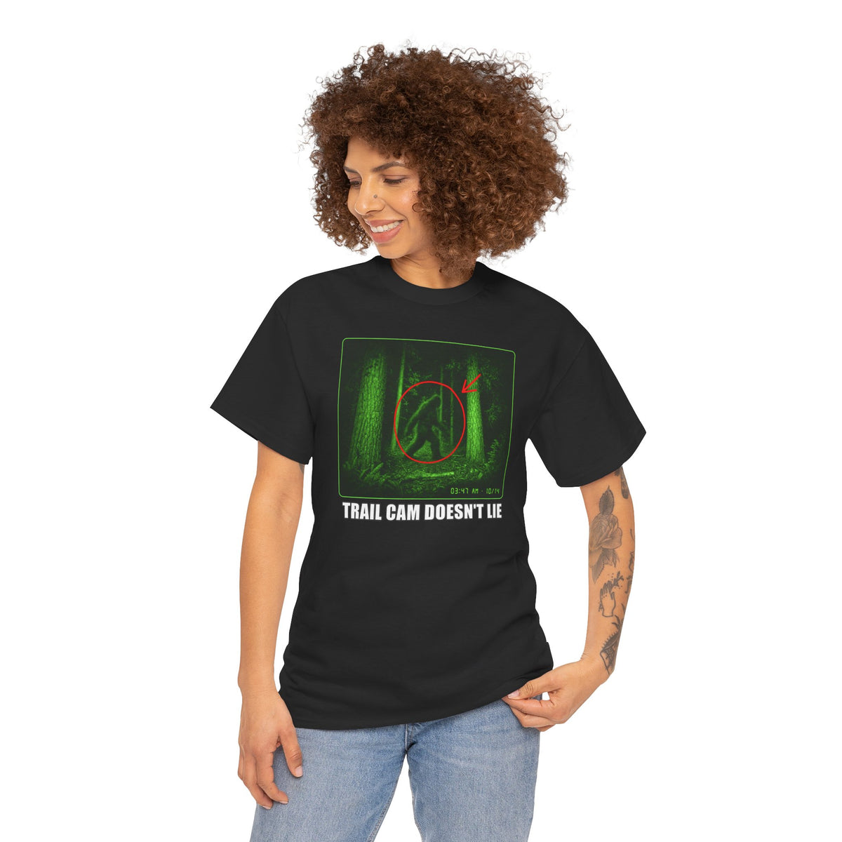 Trail Cam Doesn't Lie T-Shirt - Funny Night Vision Bigfoot Graphic Tee