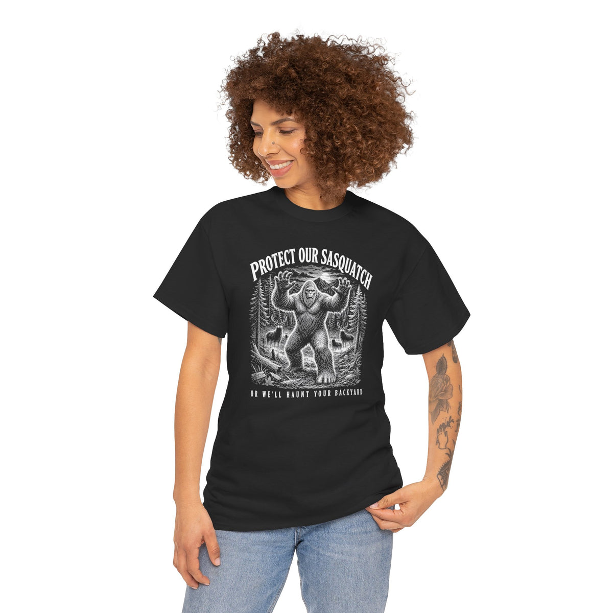 Protect Our Sasquatch T-Shirt - Woodcut Scratchboard Bigfoot Graphic Tee