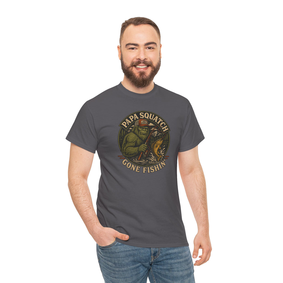 Papa Squatch Gone Fishin' T-Shirt - Funny Bigfoot Fishing Dad Tee