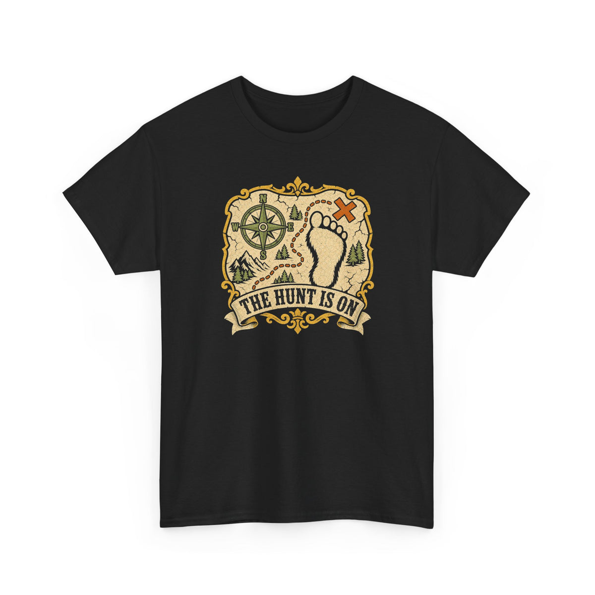 The Hunt Is On T-Shirt – Vintage Bigfoot Footprint Treasure Map Graphic Tee