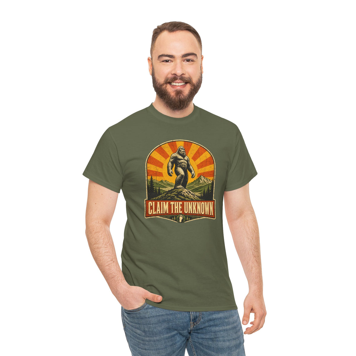 Claim The Unknown T-Shirt – Retro Bigfoot Sunburst Travel Poster Tee