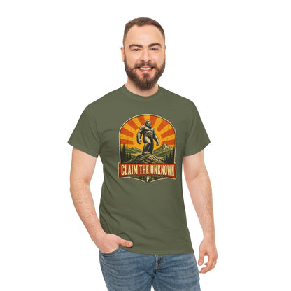 Claim The Unknown T-Shirt – Retro Bigfoot Sunburst Travel Poster Tee
