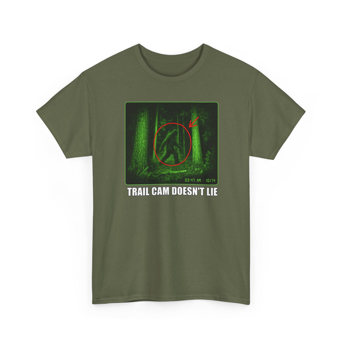 Trail Cam Doesn't Lie T-Shirt - Funny Night Vision Bigfoot Graphic Tee