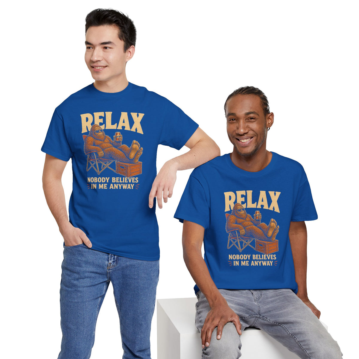 Relax Nobody Believes In Me T-Shirt - Funny Bigfoot Camp Chair Tee