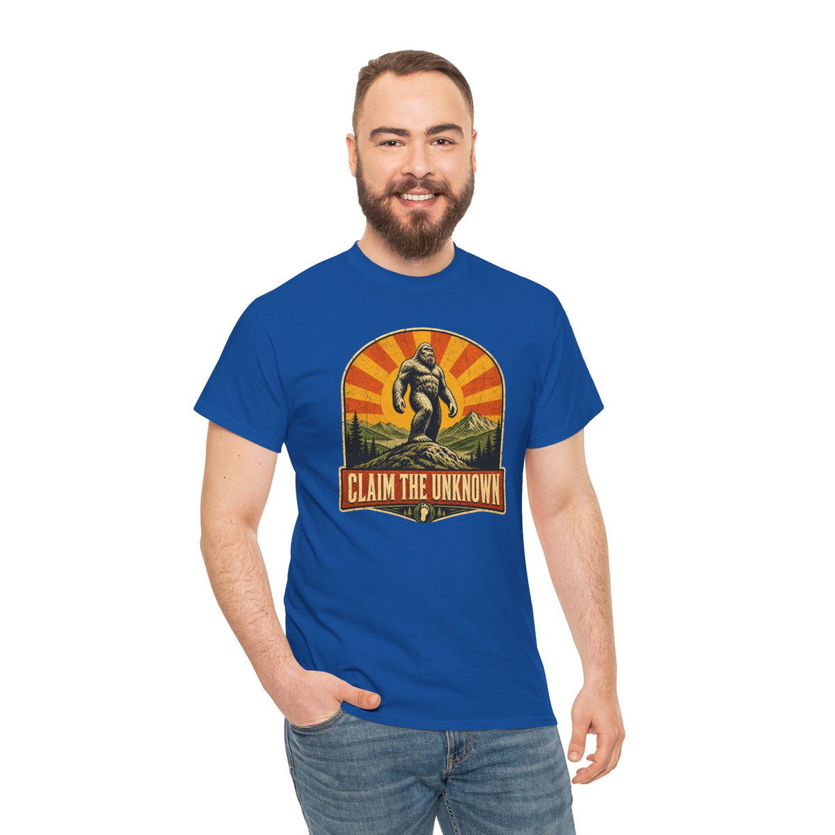 Claim The Unknown T-Shirt – Retro Bigfoot Sunburst Travel Poster Tee
