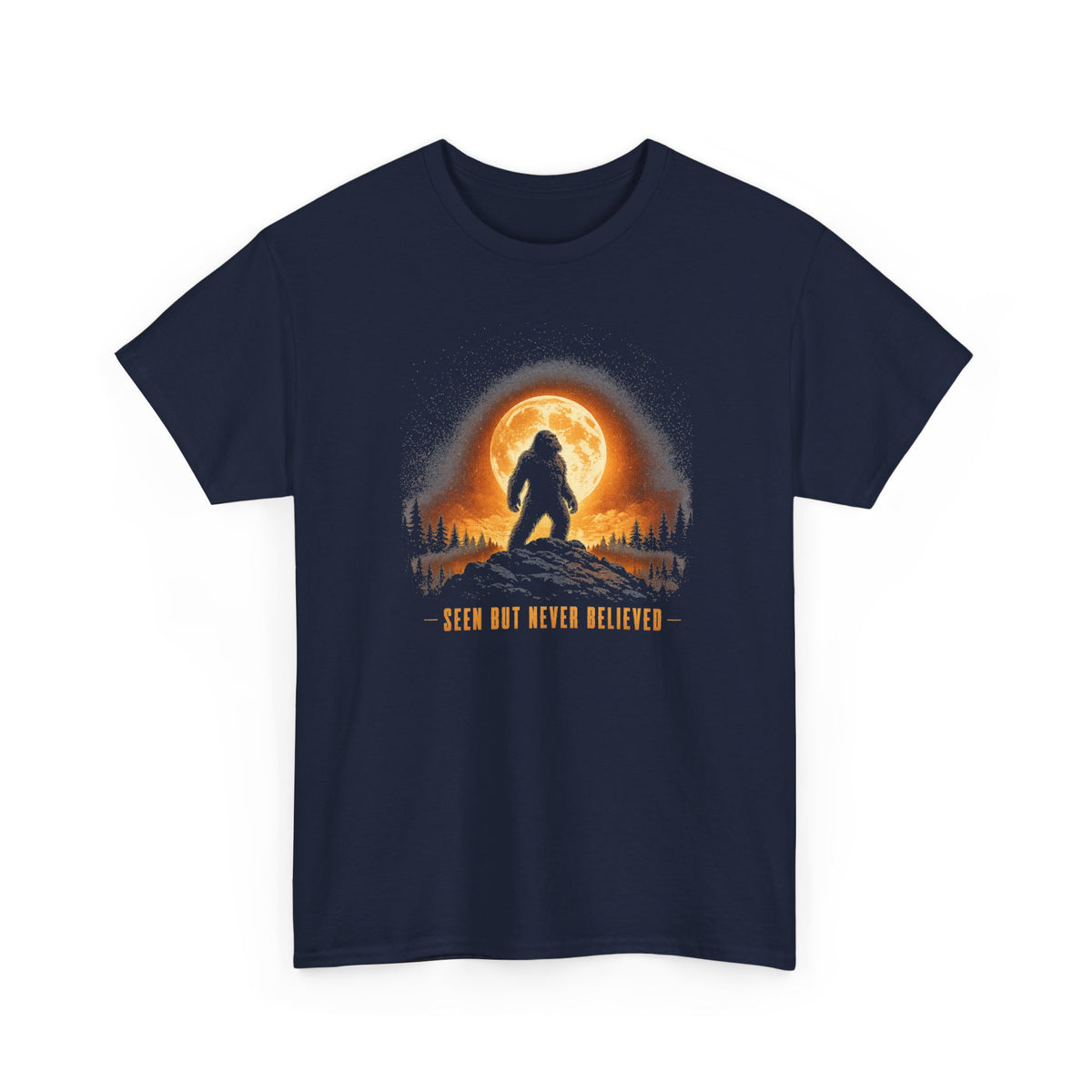 Atmospheric silhouette of a Bigfoot standing majestically in front of a glowing full moon on a hilltop T-Shirt - Atmospheric Gradient Sky Graphic Tee
