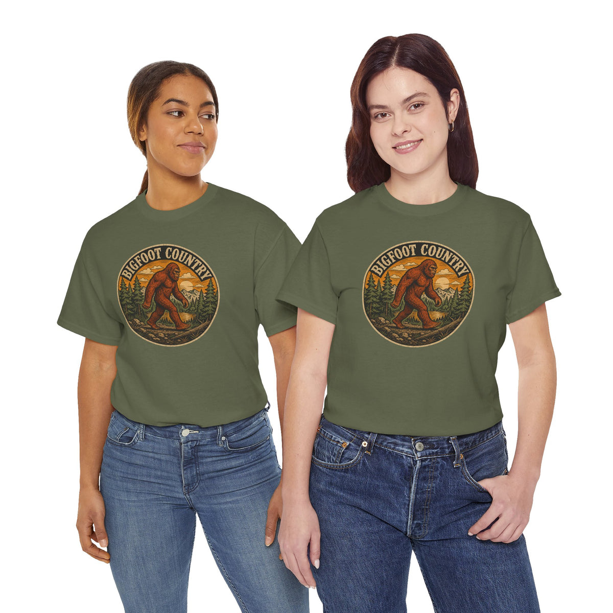 Bigfoot Country Vintage T-Shirt - Retro Sasquatch Forest Sunset Graphic Tee - Funny Cryptid Camper Gift