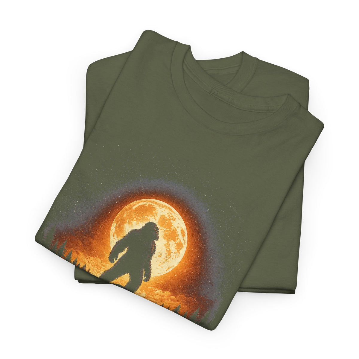 Atmospheric silhouette of a Bigfoot standing majestically in front of a glowing full moon on a hilltop T-Shirt - Atmospheric Gradient Sky Graphic Tee
