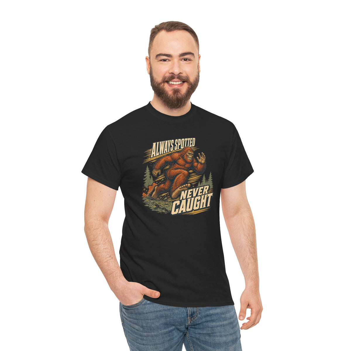 Always Spotted Never Caught T-Shirt - Funny Bigfoot Running Graphic Tee