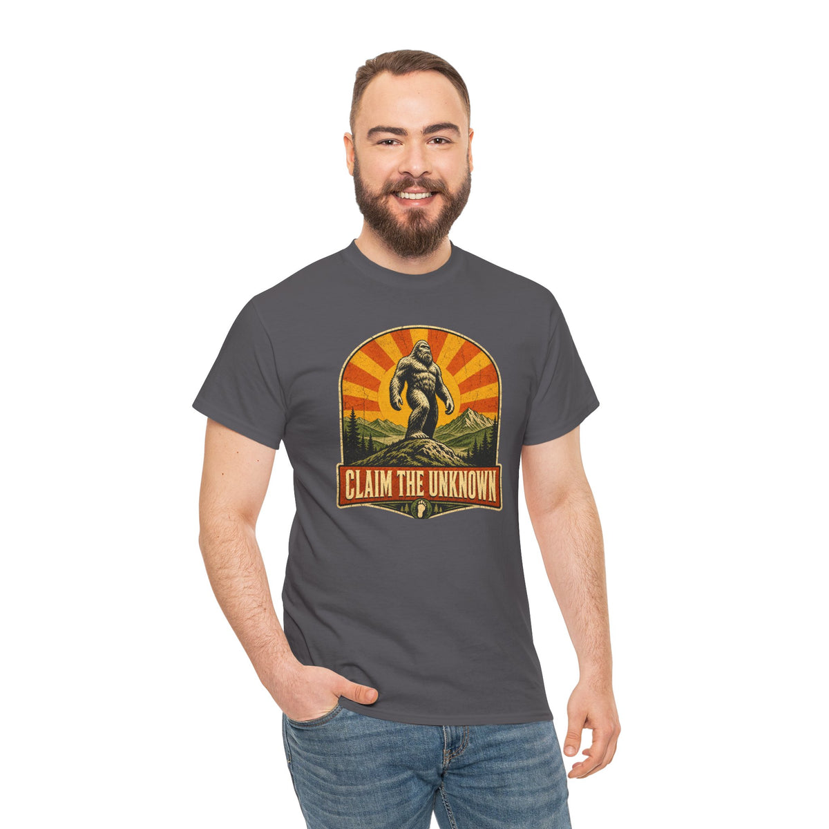 Claim The Unknown T-Shirt – Retro Bigfoot Sunburst Travel Poster Tee