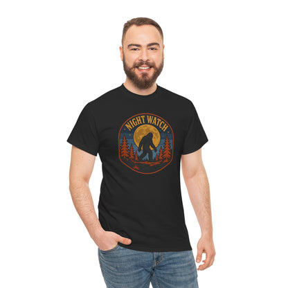 Sasquatch Night Watch T-Shirt - Retro Bigfoot Full Moon Badge Graphic Tee