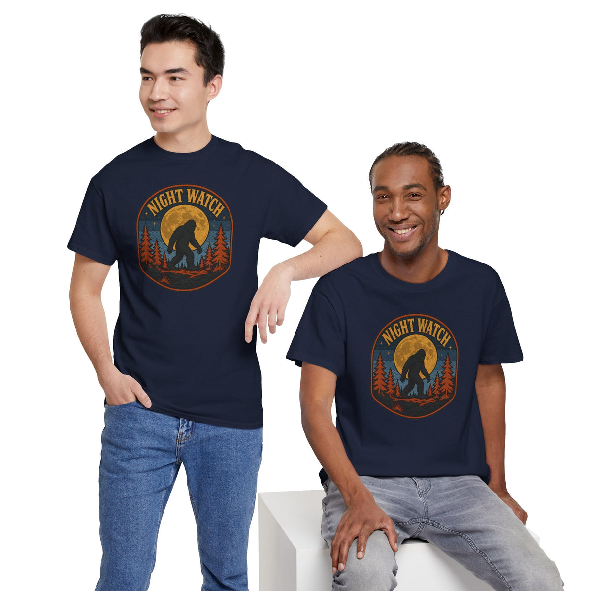 Sasquatch Night Watch T-Shirt - Retro Bigfoot Full Moon Badge Graphic Tee