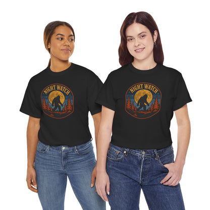 Sasquatch Night Watch T-Shirt - Retro Bigfoot Full Moon Badge Graphic Tee