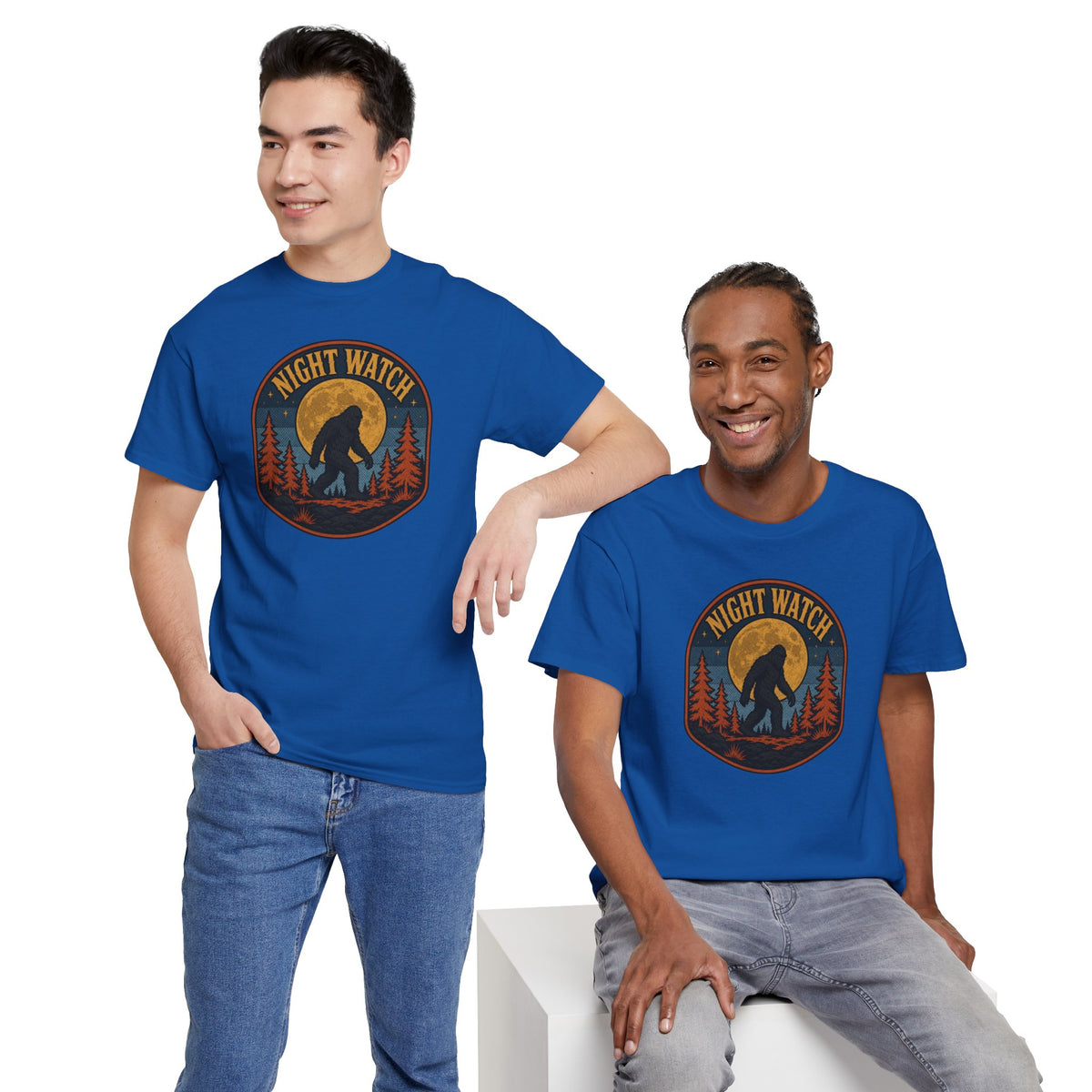 Sasquatch Night Watch T-Shirt - Retro Bigfoot Full Moon Badge Graphic Tee