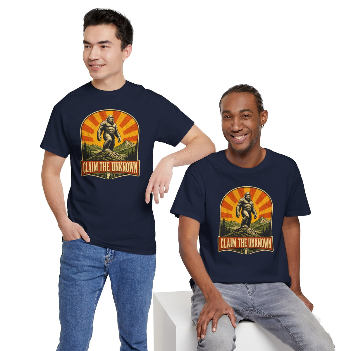 Claim The Unknown T-Shirt – Retro Bigfoot Sunburst Travel Poster Tee