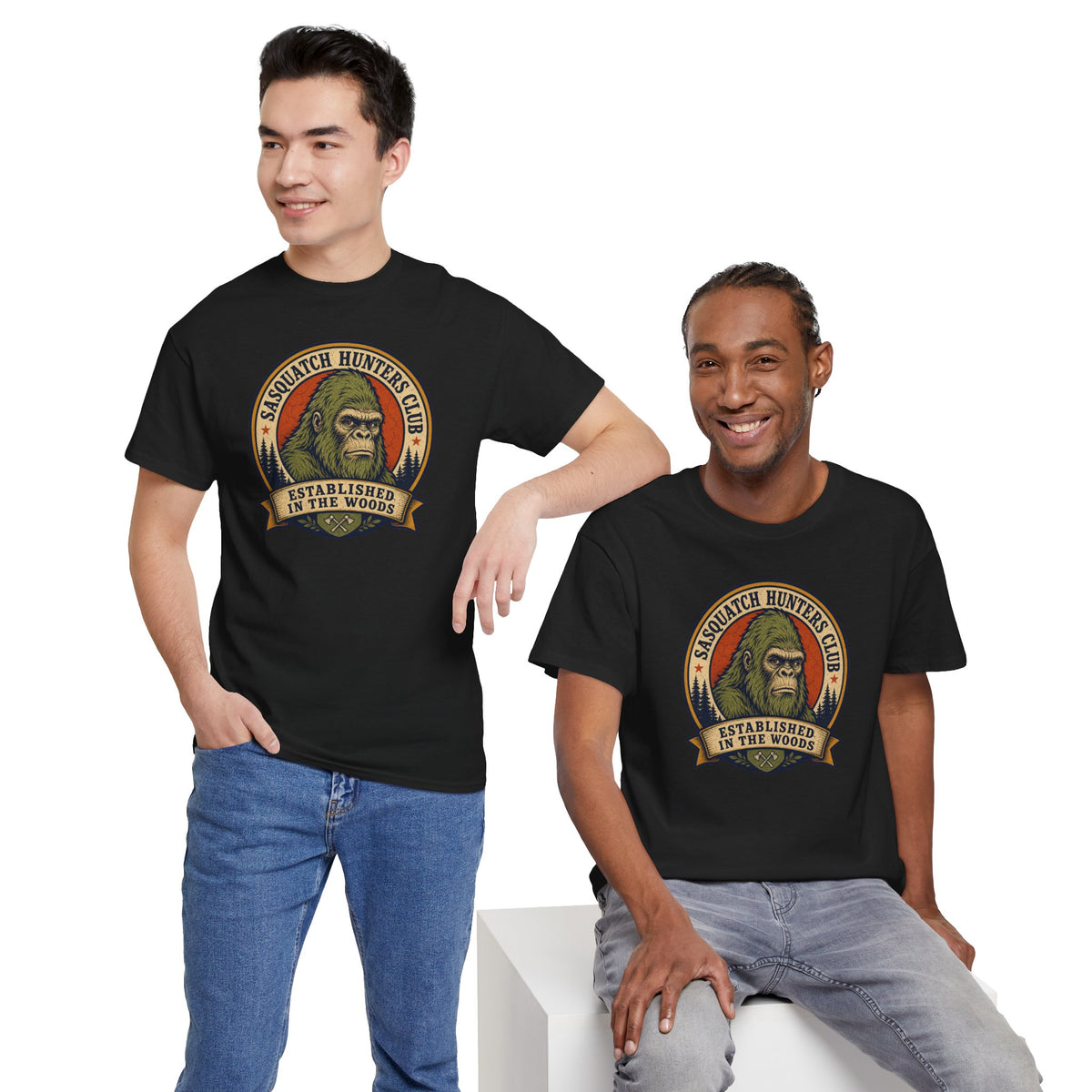 Sasquatch Hunters Club T-Shirt – Retro Bigfoot Emblem Badge Graphic Tee
