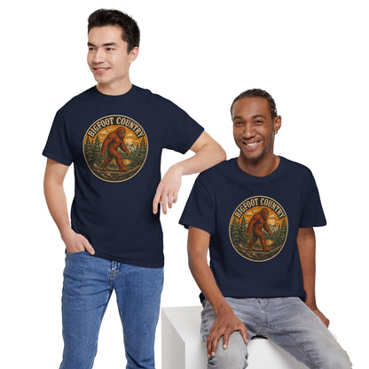 Bigfoot Country Vintage T-Shirt - Retro Sasquatch Forest Sunset Graphic Tee - Funny Cryptid Camper Gift