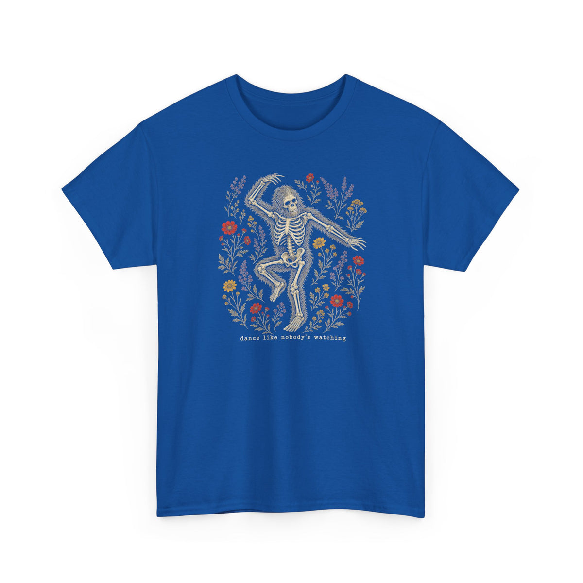 Dancing Bigfoot Skeleton T-Shirt - Whimsical Wildflower Graphic Tee