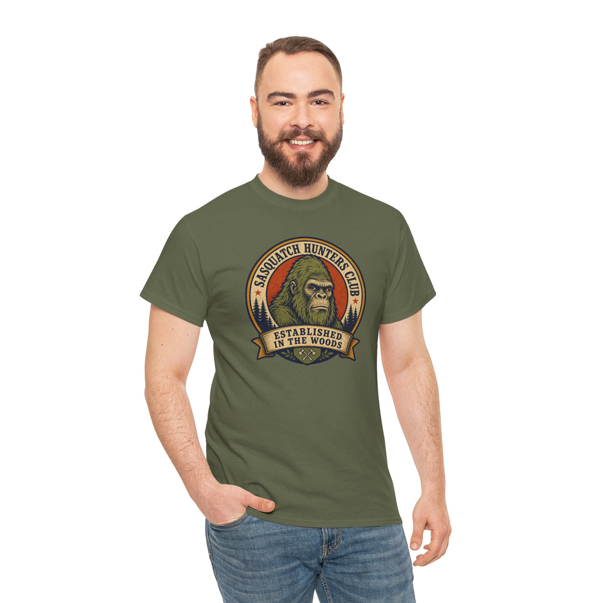 Sasquatch Hunters Club T-Shirt – Retro Bigfoot Emblem Badge Graphic Tee