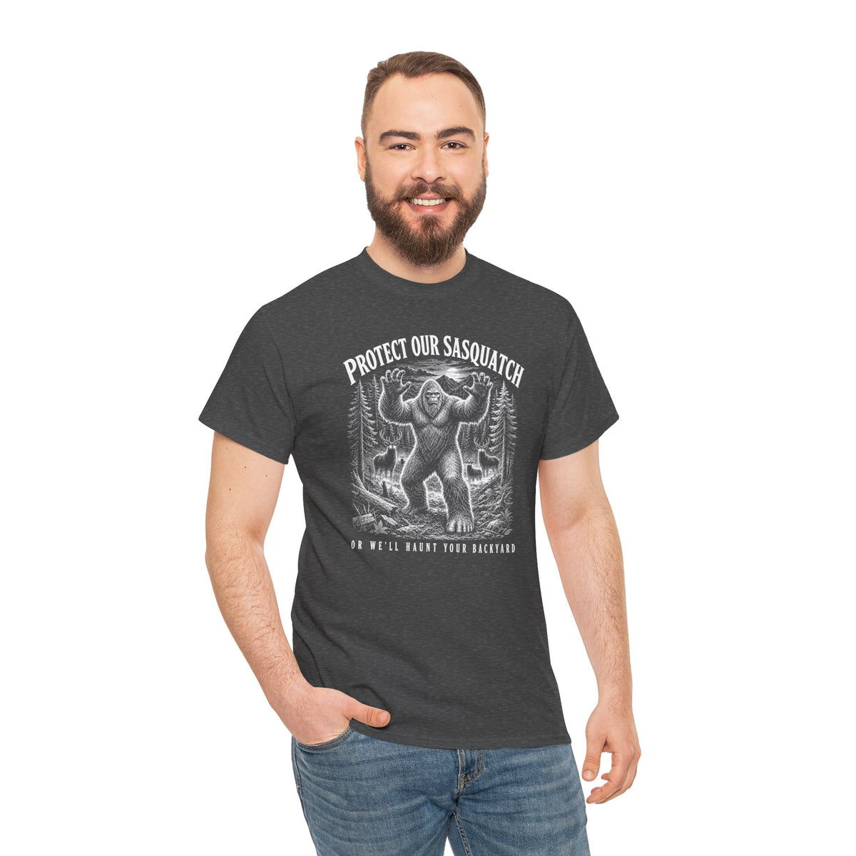 Protect Our Sasquatch T-Shirt - Woodcut Scratchboard Bigfoot Graphic Tee