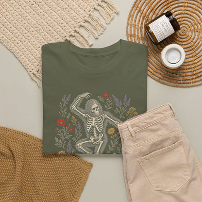 Dancing Bigfoot Skeleton T-Shirt - Whimsical Wildflower Graphic Tee