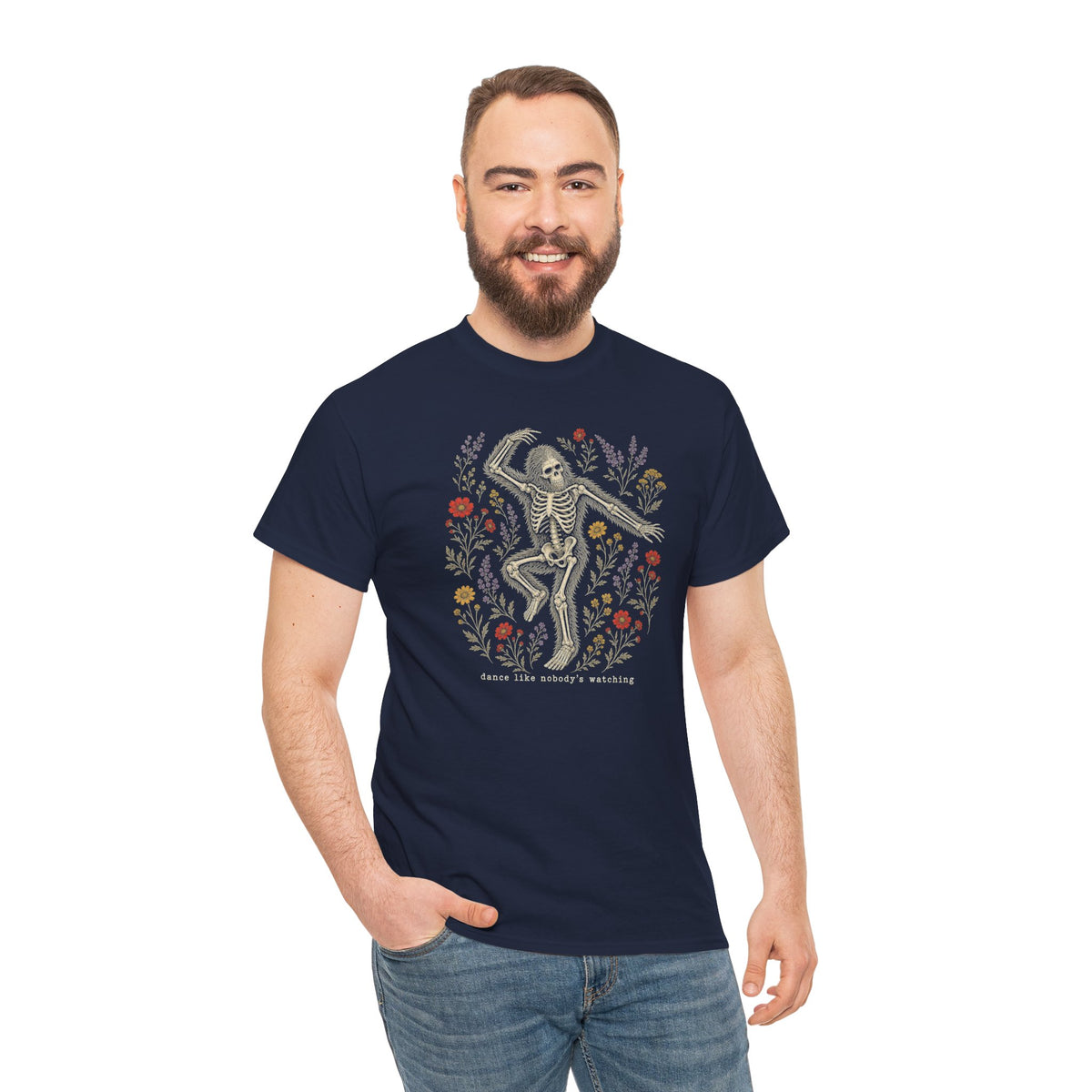 Dancing Bigfoot Skeleton T-Shirt - Whimsical Wildflower Graphic Tee