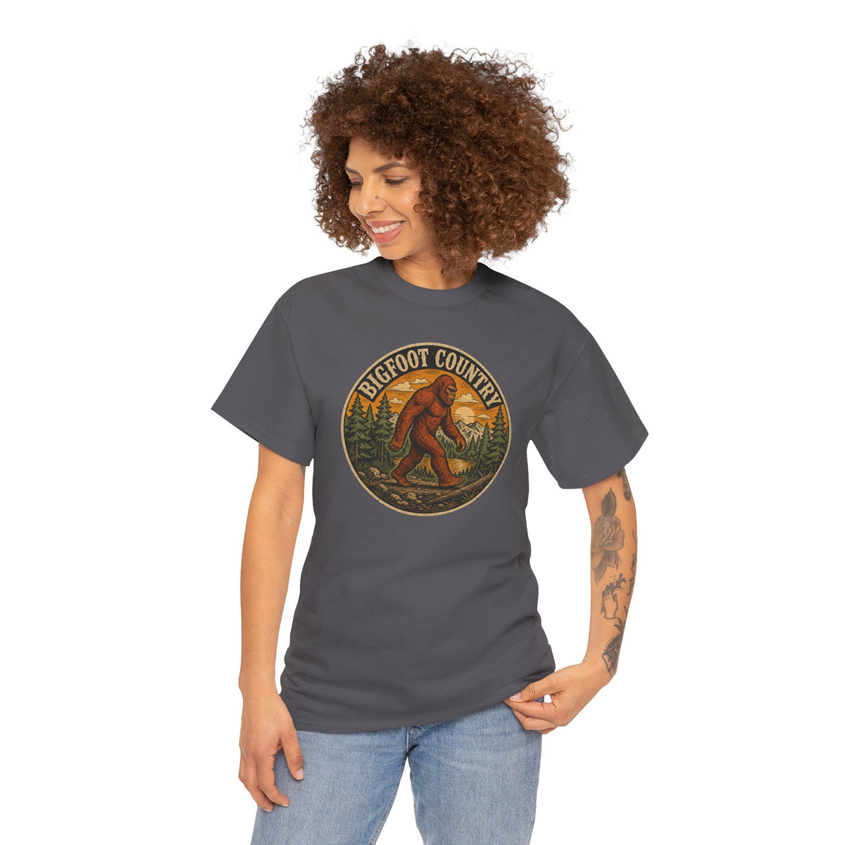Bigfoot Country Vintage T-Shirt - Retro Sasquatch Forest Sunset Graphic Tee - Funny Cryptid Camper Gift
