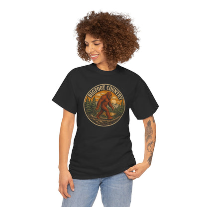 Bigfoot Country Vintage T-Shirt - Retro Sasquatch Forest Sunset Graphic Tee - Funny Cryptid Camper Gift