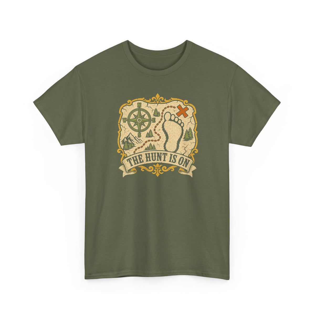 The Hunt Is On T-Shirt – Vintage Bigfoot Footprint Treasure Map Graphic Tee