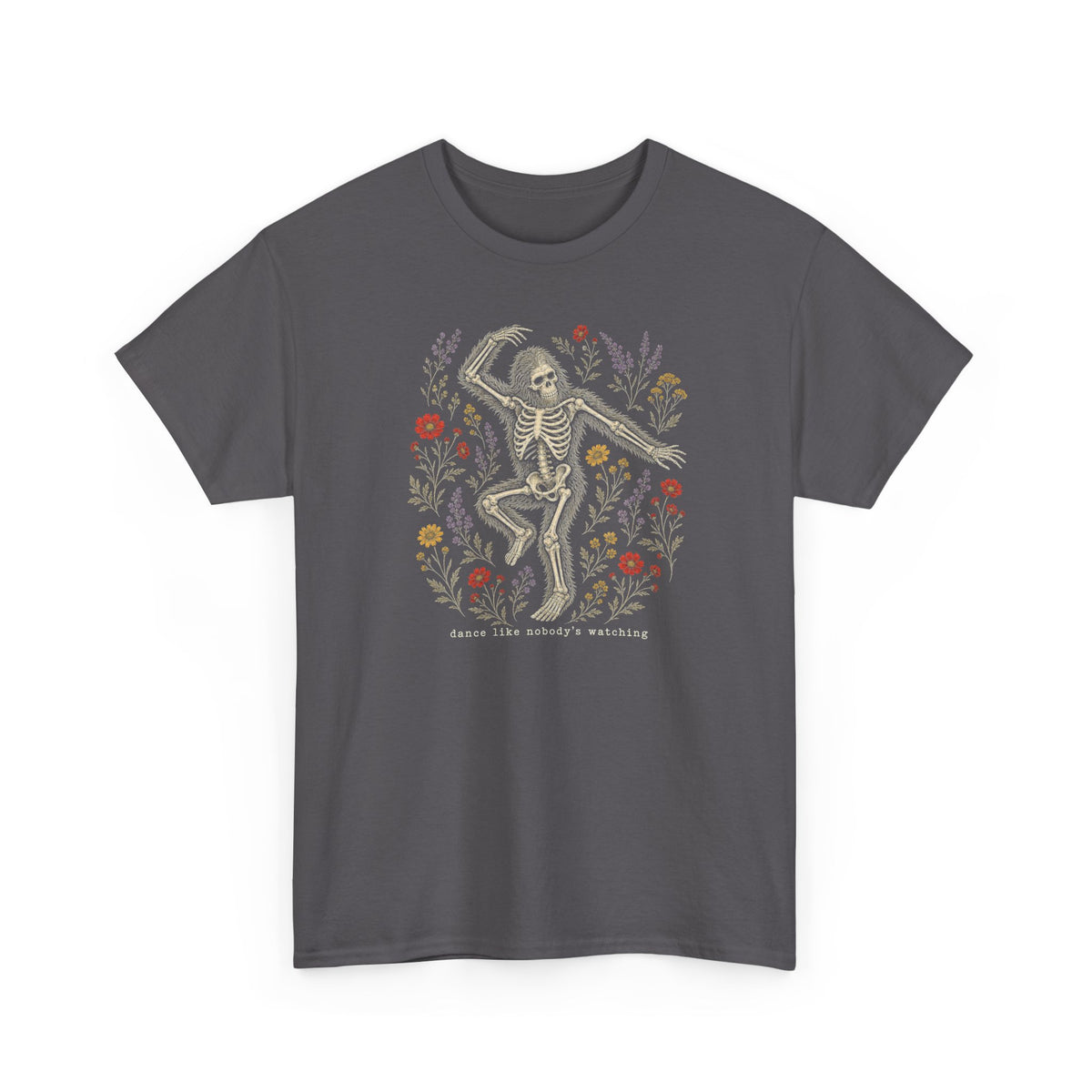 Dancing Bigfoot Skeleton T-Shirt - Whimsical Wildflower Graphic Tee