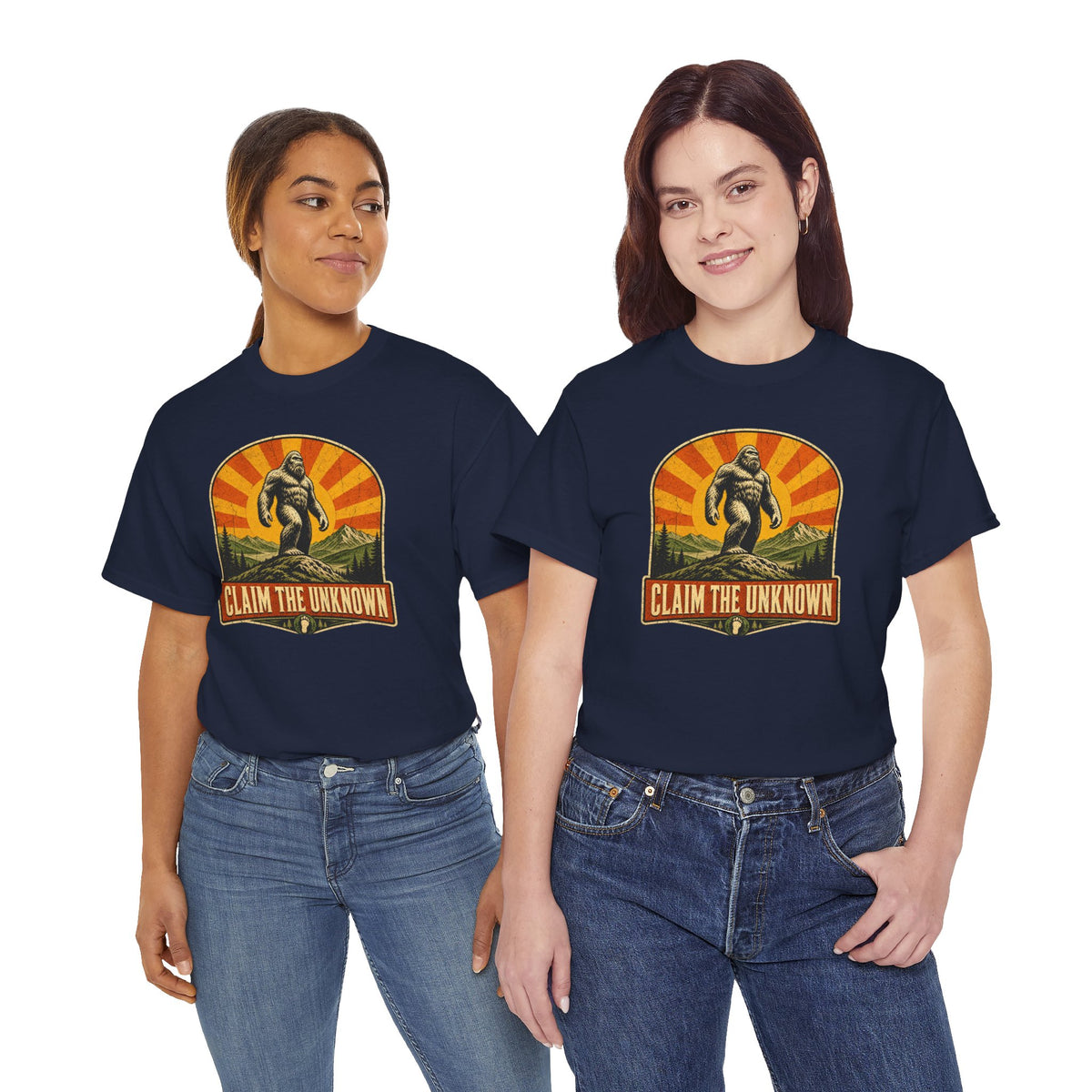 Claim The Unknown T-Shirt – Retro Bigfoot Sunburst Travel Poster Tee