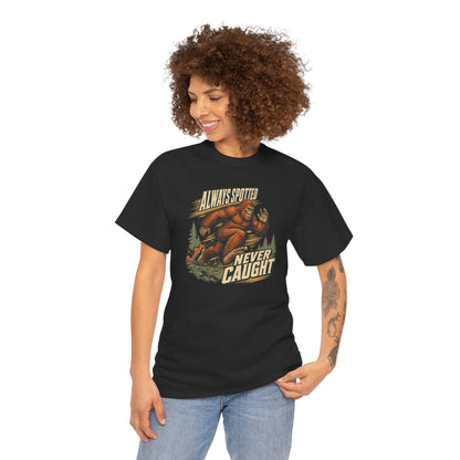 Always Spotted Never Caught T-Shirt - Funny Bigfoot Running Graphic Tee