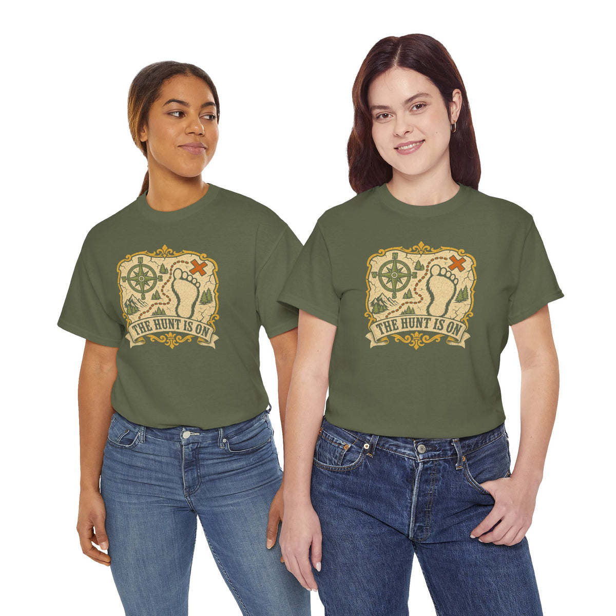The Hunt Is On T-Shirt – Vintage Bigfoot Footprint Treasure Map Graphic Tee