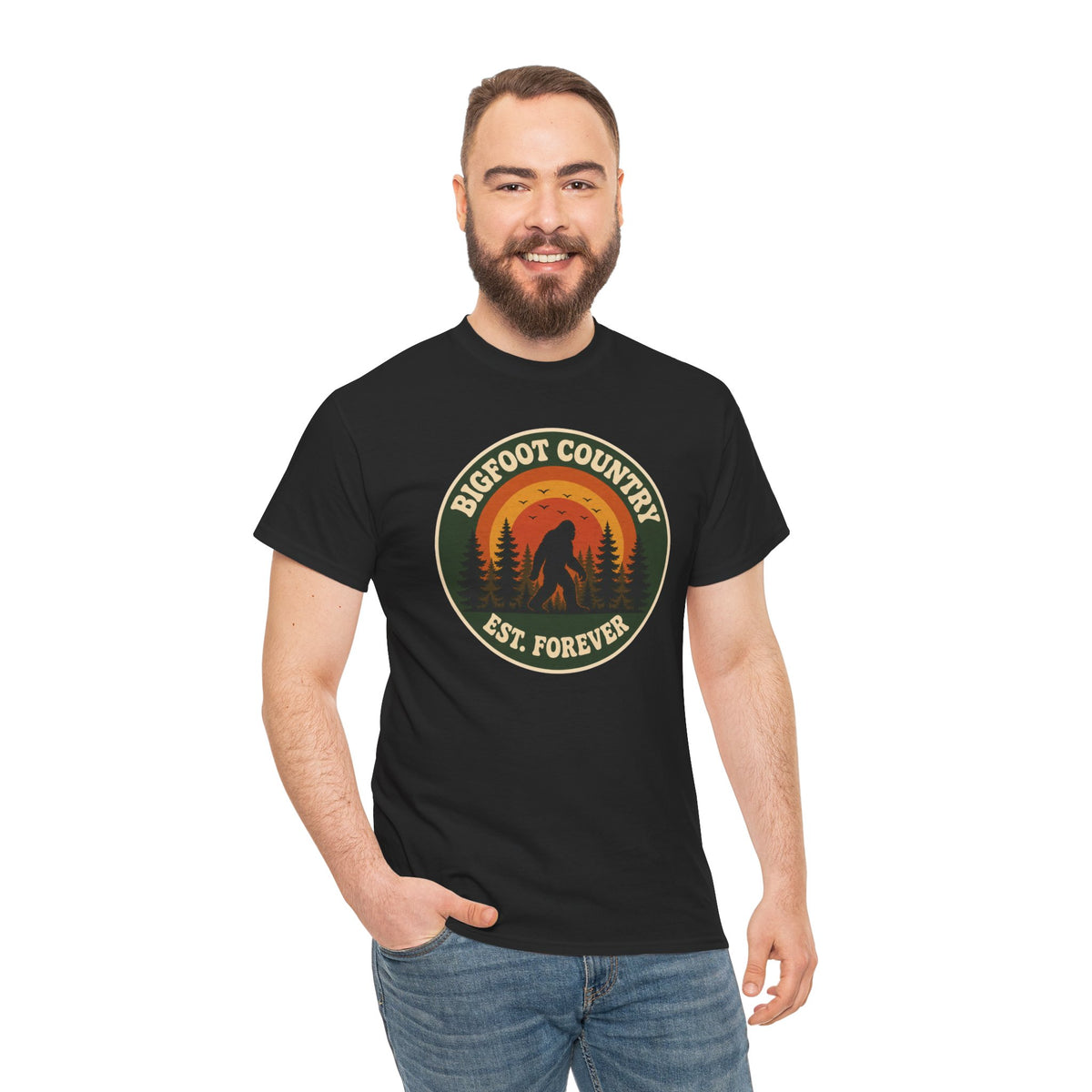 Bigfoot Country Sunset Badge T-Shirt - Retro Circular Graphic Tee